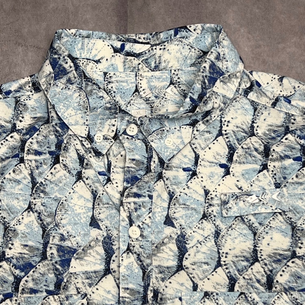 Silver Bait Fishing Shirt Mens XL Blue Fish Scale Print Performance‎ Button Down